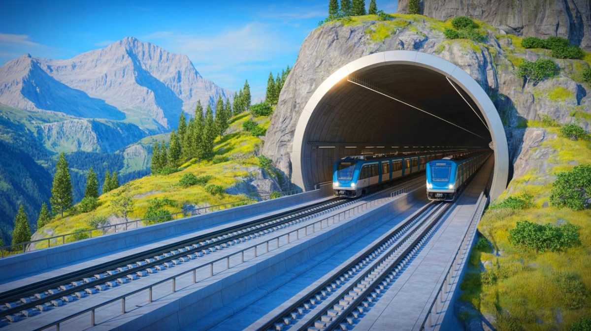 Illustration du tunnel de base du Gothard et du futur tunnel de base du Mont-d’Ambin. Image réalisée par IA.