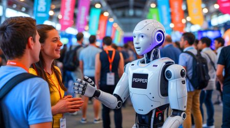Illustration de Pepper, le robot humanoïde équipé de ChatGPT, interagissant avec le public lors d'un festival d'innovation. Image réalisée par IA.