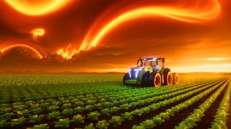 Illustration de tracteurs intelligents perturbés par des tempêtes solaires. Image réalisée par IA.