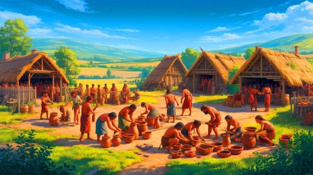 Illustration de la société coopérative et égalitaire de Valencina de la Concepción à l'âge du cuivre. Image réalisée par IA.