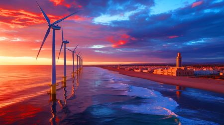 Illustration de l'initiative marocaine pour le premier parc éolien offshore d'Afrique. Image réalisée par IA.