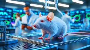 Illustration de souris modifiées génétiquement avec le gène humain NOVA1 pour étudier la communication vocale. Image réalisée par IA.