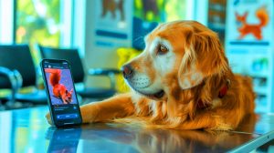 Illustration de la chienne Akira captivée par des vidéos d'écureuils sur un smartphone. Image réalisée par IA.