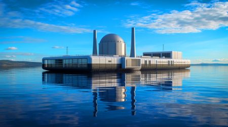 Illustration de centrales nucléaires flottantes sur l'océan dans le cadre du programme Liberty. Image réalisée par IA.