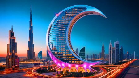 Illustration de l'hôtel en forme de lune à Dubaï, symbolisant l'innovation architecturale. Image réalisée par IA.