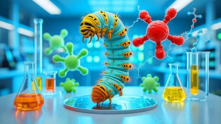 Illustration de la transformation des chenilles en réacteurs chimiques pour la production de nanocarbones. Image réalisée par IA.