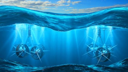 Illustration de l'exploitation potentielle de l'énergie des courants marins au large de la Floride et de l'Afrique du Sud. Image réalisée par IA.