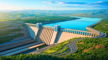 Illustration de la construction du Grand Barrage de la Renaissance Éthiopienne et ses implications géopolitiques. Image réalisée par IA.