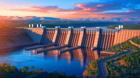 Illustration du Grand Barrage de la Renaissance Éthiopienne, la plus grande centrale hydroélectrique d'Afrique. Image réalisée par IA.