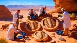Illustration de la découverte de fossiles de trilobites au Maroc. Image réalisée par IA.