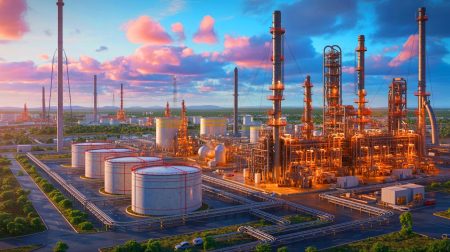 Illustration de la première raffinerie sénégalaise traitant du pétrole brut local. Image réalisée par IA.