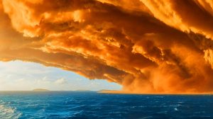Illustration de la tempête de poussière saharienne traversant l'Atlantique. Image réalisée par IA.