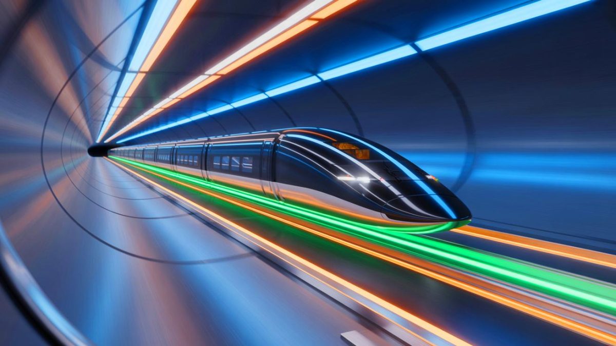 Illustration de l'hyperloop chinois atteignant des vitesses record. Image réalisée par IA.