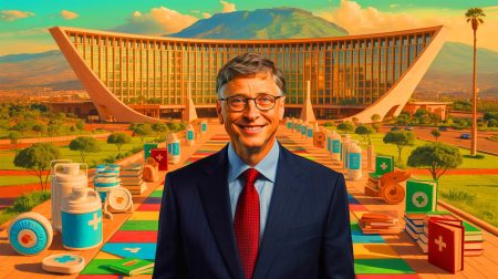 Illustration de Bill Gates annonçant son engagement philanthropique en Afrique. Image réalisée par IA.