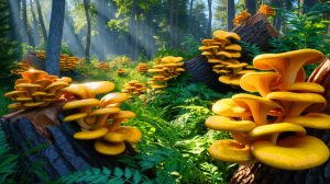 Illustration de la propagation du pleurote doré dans les forêts nord-américaines, générée par intelligence artificielle.