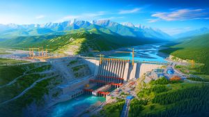 Illustration de la construction du plus grand barrage hydroélectrique du monde au Tibet, générée par intelligence artificielle.
