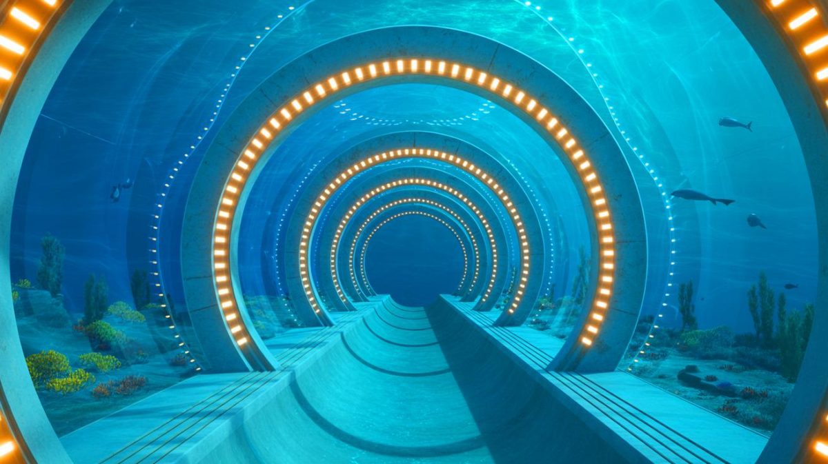 Illustration de la connexion ferroviaire sous-marine entre le Maroc et l'Espagne, générée par intelligence artificielle.