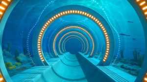 Illustration de la connexion ferroviaire sous-marine entre le Maroc et l'Espagne, générée par intelligence artificielle.