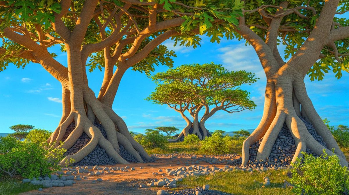 « Ces arbres transforment le CO2 en pierre » : au Kenya, la nature dévoile une arme secrète contre le changement climatique, une découverte incroyable qui bouleverse tout Illustration de la transformation du dioxyde de carbone en pierre par des figuiers au Kenya, générée par intelligence artificielle.