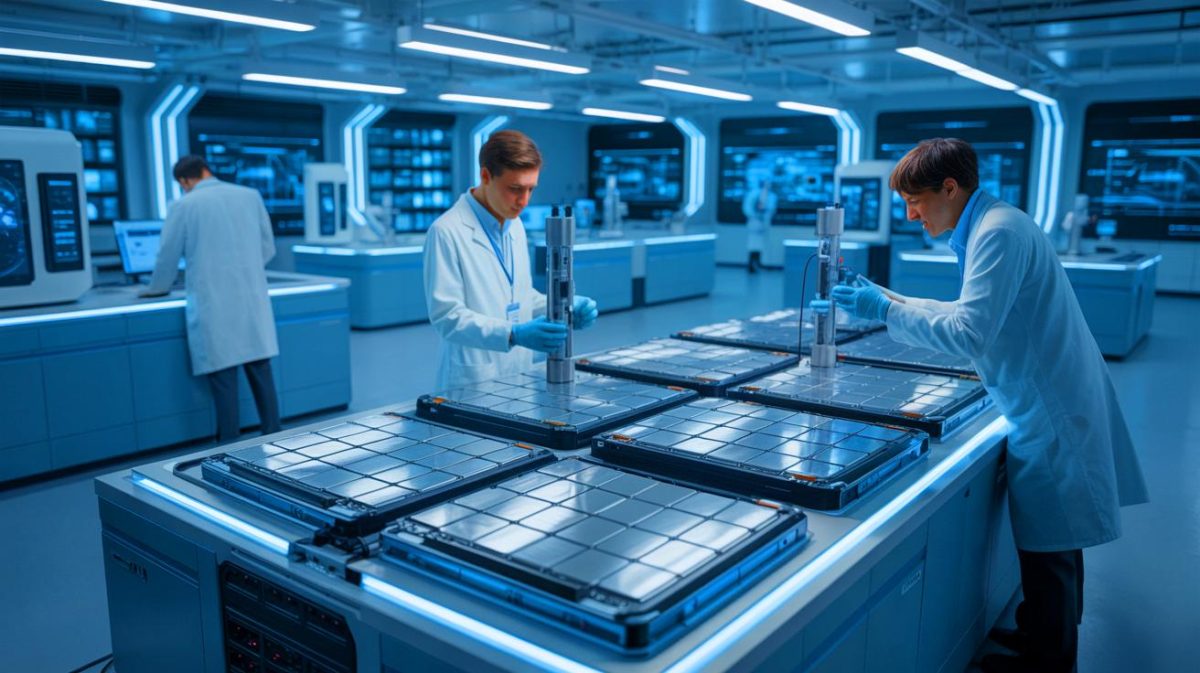 « Ces batteries pourraient changer le monde » : des scientifiques allemands dévoilent un film énergétique sûr pour les voitures électriques Illustration de l'innovation dans la sécurité des batteries lithium-ion pour véhicules électriques, créée par intelligence artificielle.