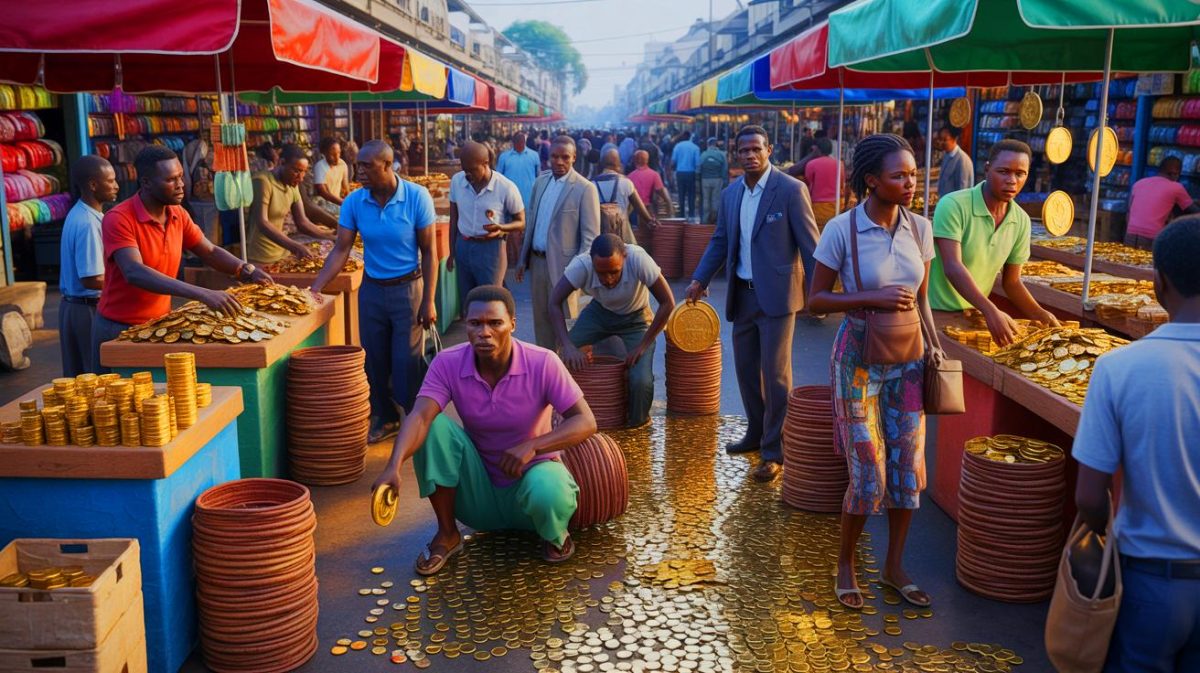 « C’est un sabotage économique » : ce trafic massif de monnaie qui menace directement la stabilité financière de plusieurs pays d’Afrique centrale inquiète Illustration de la pénurie de pièces de monnaie dans les pays de la Cemac, générée par intelligence artificielle.