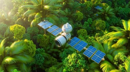 Illustration de l'exploration sous la canopée des forêts tropicales grâce au satellite Biomass. Image réalisée par IA.