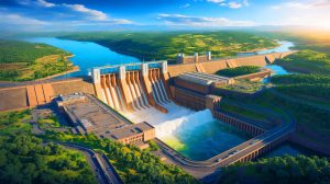Illustration du Grand Barrage de la Renaissance Éthiopienne sur le Nil Bleu. Image réalisée par IA.