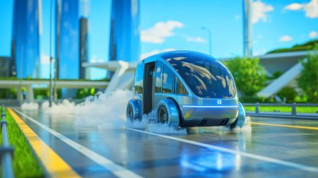 Illustration de l'utilisation de l'azote liquide comme carburant alternatif dans les transports, générée par intelligence artificielle.