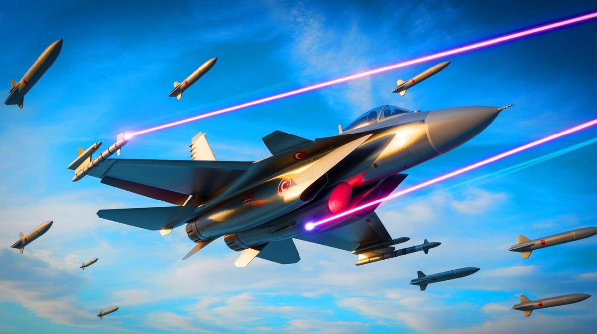 Illustration de la technologie YILDIRIM-100 neutralisant des missiles, générée par intelligence artificielle.