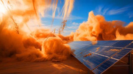 Illustration de l'impact des poussières sahariennes sur la production d'énergie solaire, générée par intelligence artificielle.