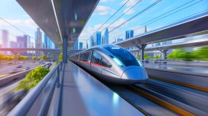 Illustration de la vitesse futuriste du train TT-Flight atteignant 1 000 km/h. Image réalisée par IA.