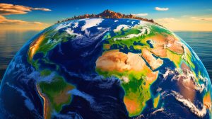 Illustration de la future recomposition géographique de la Terre avec le supercontinent Pangée Ultima, générée par intelligence artificielle.