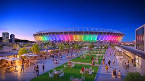 Illustration de la transformation de l'Estádio da Luz en un quartier moderne et multifonctionnel, générée par intelligence artificielle.