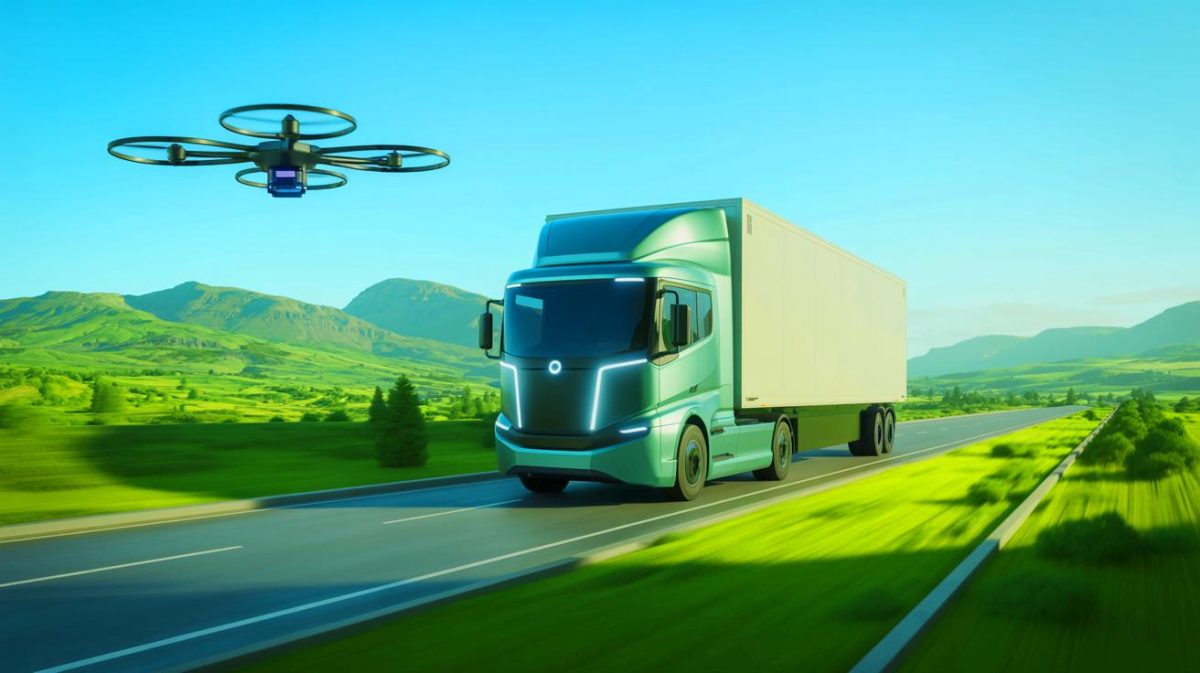 Illustration de l'innovation technologique dans le transport de marchandises durable. Image réalisée par IA.