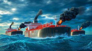 Illustration de mystérieuses explosions touchant des pétroliers ayant fait escale en Russie. Image réalisée par IA.
