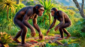 Illustration de l'alimentation principalement végétale des Australopithèques, générée par intelligence artificielle.