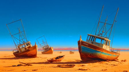Illustration de la transformation de la mer d'Aral en désert aride, générée par intelligence artificielle.