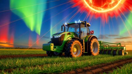 Illustration de tracteurs intelligents perturbés par des tempêtes solaires. Image réalisée par IA.