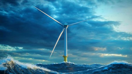 Illustration de l'éolienne OceanX résistant aux vents d'un super typhon. Image réalisée par IA.
