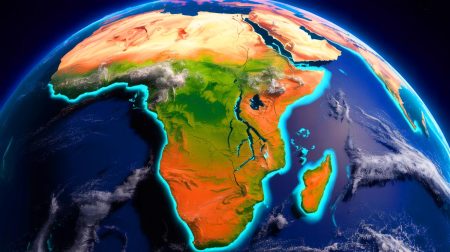 « La Terre est en train de se déchirer » : une faille gigantesque visible à l’œil nu annonce la naissance d’un nouvel océan Illustration de la séparation tectonique de la Corne de l'Afrique avec la formation potentielle d'un nouvel océan. Image réalisée par IA.