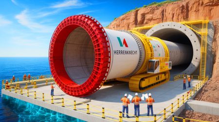 Illustration de l'usine de l'entreprise Herrenknecht spécialisée dans la fabrication de tunneliers pour le projet de tunnel sous-marin entre le Maroc et l'Espagne. Image réalisée par IA.