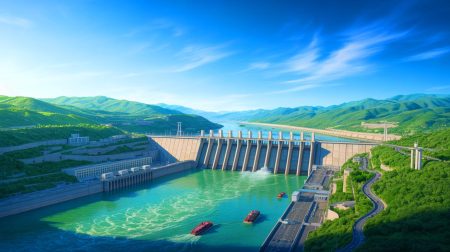 Illustration de la majesté du barrage des Trois-Gorges sur le fleuve Yangzi Jiang. Image réalisée par IA.