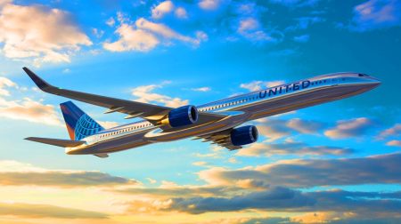 Illustration de l'aile volante Z4 de JetZero aux couleurs de United Airlines. Image réalisée par IA.