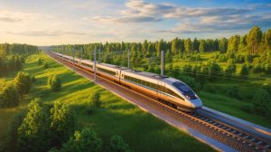 Illustration de la construction de Rail Baltica reliant la Lituanie, la Lettonie et l'Estonie. Image réalisée par IA.