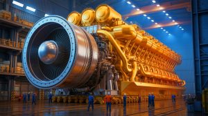 Illustration de l'imposant moteur RTA96-C, un géant de 2 300 tonnes, générée par intelligence artificielle.