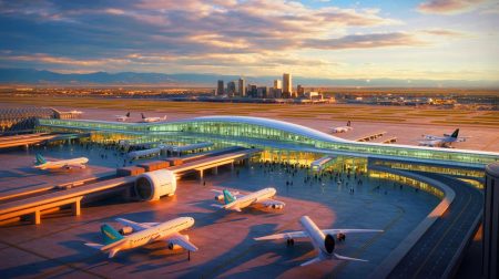 Illustration de l'aéroport de Denver envisageant l'installation d'un réacteur nucléaire pour son autonomie énergétique.
