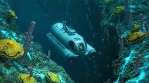 Illustration de l'exploration sous-marine à 9 450 mètres de profondeur par le sous-marin chinois Fendouzhe.