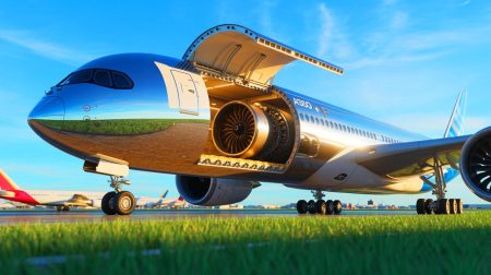 Illustration de l'A350F d'Airbus, l'avion-cargo innovant défiant Boeing avec sa porte cargo révolutionnaire.
