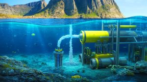 Illustration de l'injection de CO₂ à 2 600 mètres sous la mer dans le cadre du projet Northern Lights en Norvège.