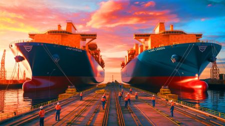 « Ce Français indispensable » décroche un contrat colossal pour deux méthaniers géants qui changera l’industrie navale Illustration de deux méthaniers géants en construction pour le transport de gaz naturel liquéfié.